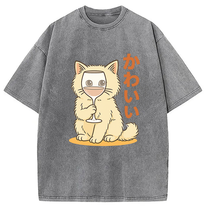 Modecanvas Kawaii Cat with Wine Glass Face Washed T-Shirt