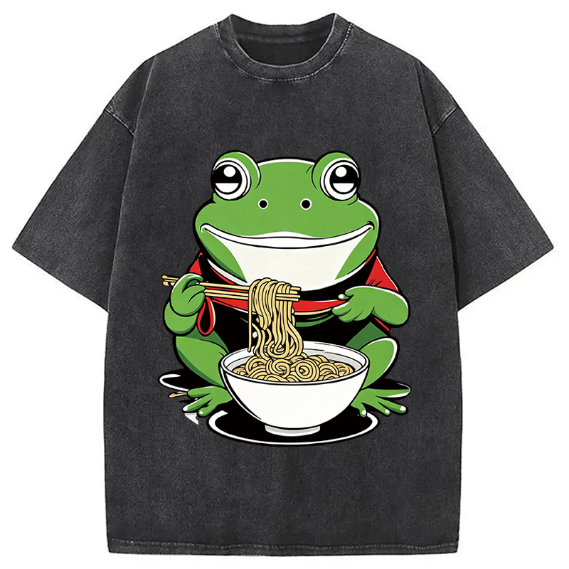 Modecanvas Cute Frog Eating Ramen DTG Printing Washed T-Shirt