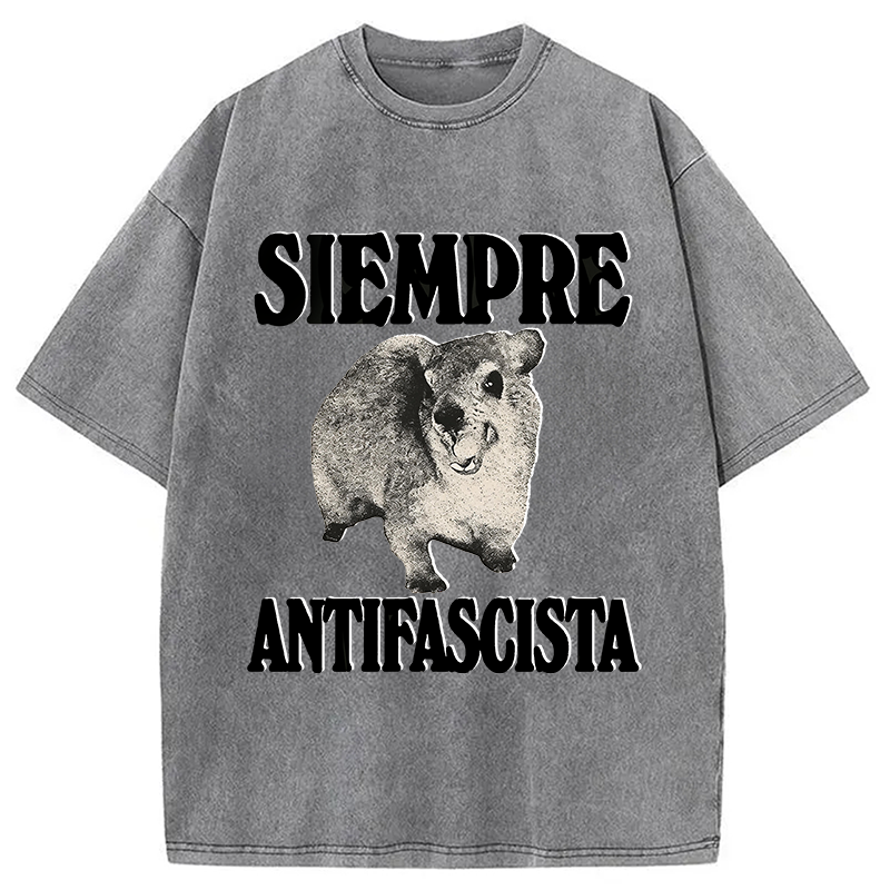 Modecanvas Siempre Antifascista Funny Rock Hyrax Meme DTG Printing Washed T-Shirt