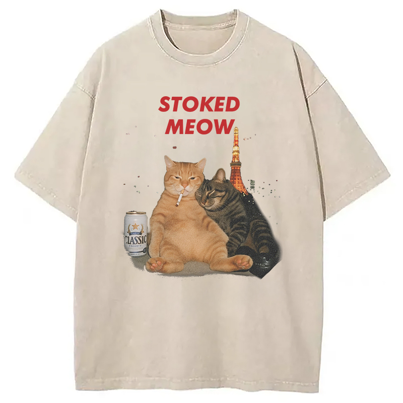 Modecanvas Stoked Meow Smoking Cat Washed T-Shirt