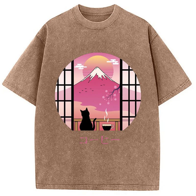 Modecanvas Mount Fuji Black Cat Tea Washed T-Shirt
