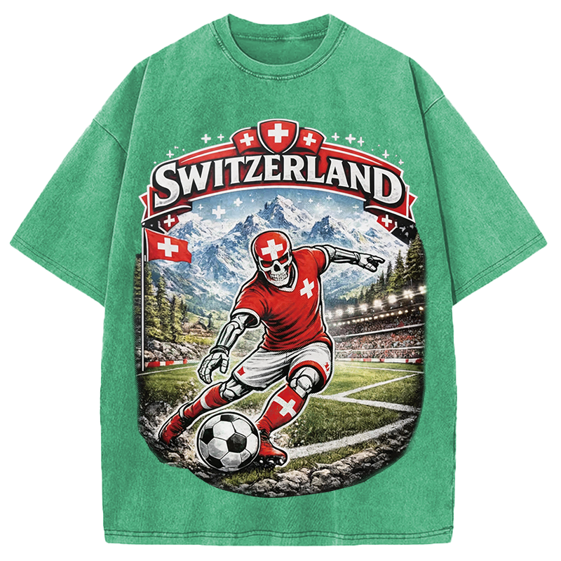 Modecanvas Switzerland Soccer Skull DTG Printing Washed T-Shirt