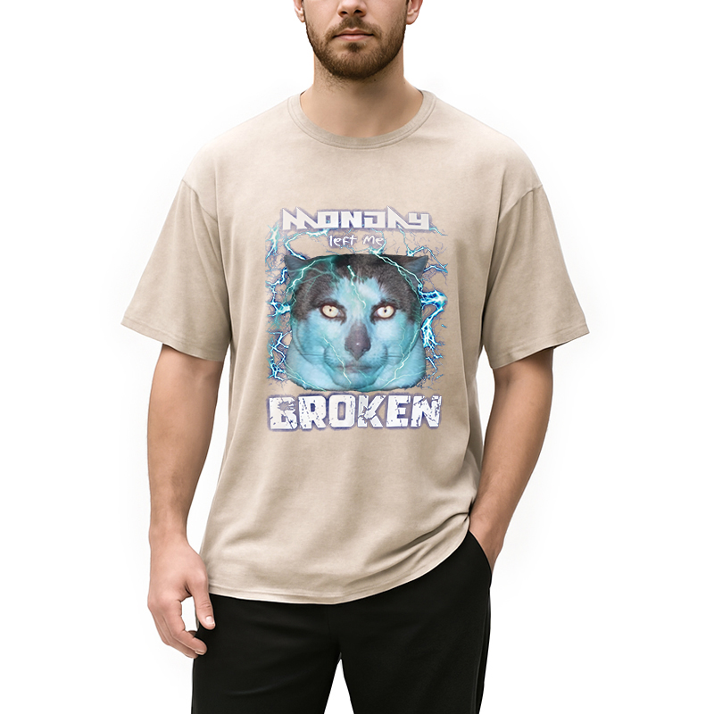 Modecanvas Monday Left Me Broken Cat DTG Printing Washed T-Shirt