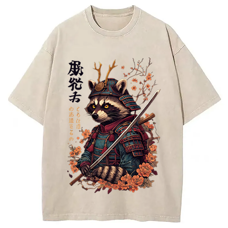 Modecanvas Japanese Raccoon Art DTG Printing Washed T-Shirt-modecanvas