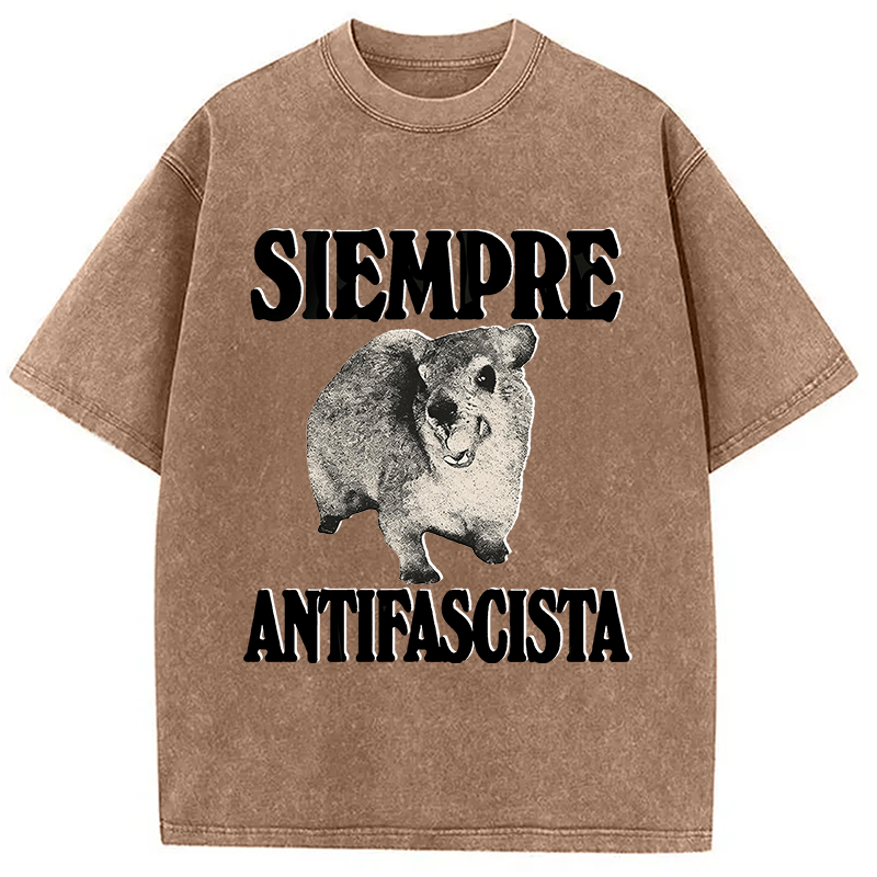 Modecanvas Siempre Antifascista Funny Rock Hyrax Meme DTG Printing Washed T-Shirt