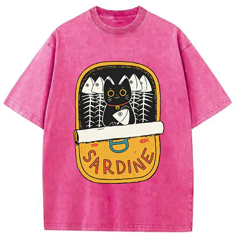 Modecanvas Sardine and Cat DTG Printing Washed T-Shirt