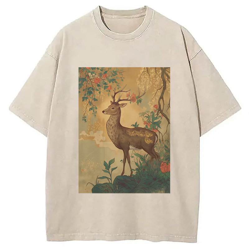 Modecanvas Graceful Japanese Deer Washed T-Shirt
