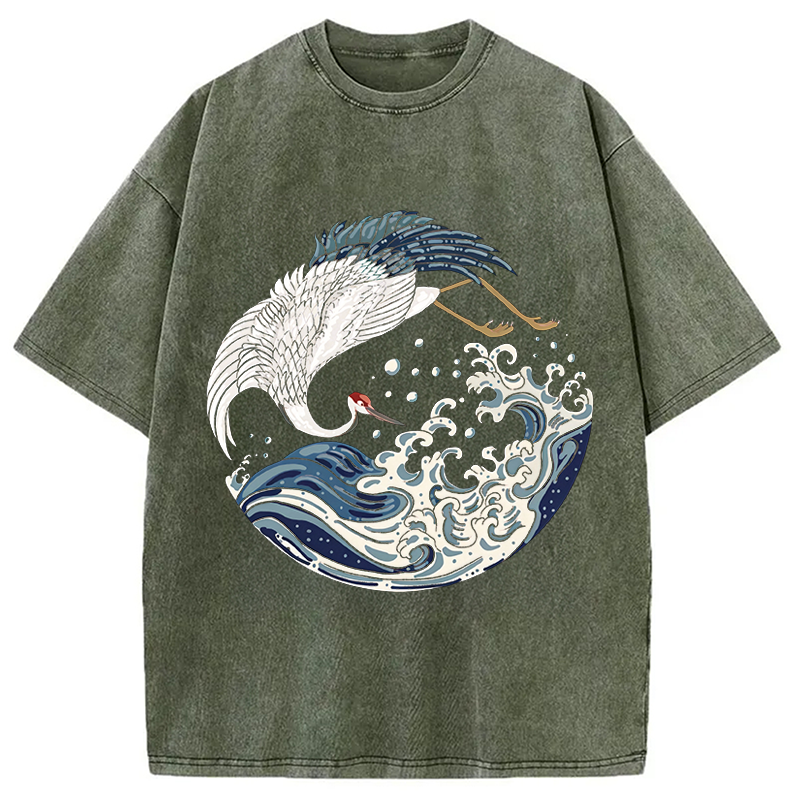 Modecanvas Crane Bird Wave DTG Printing Washed T-Shirt