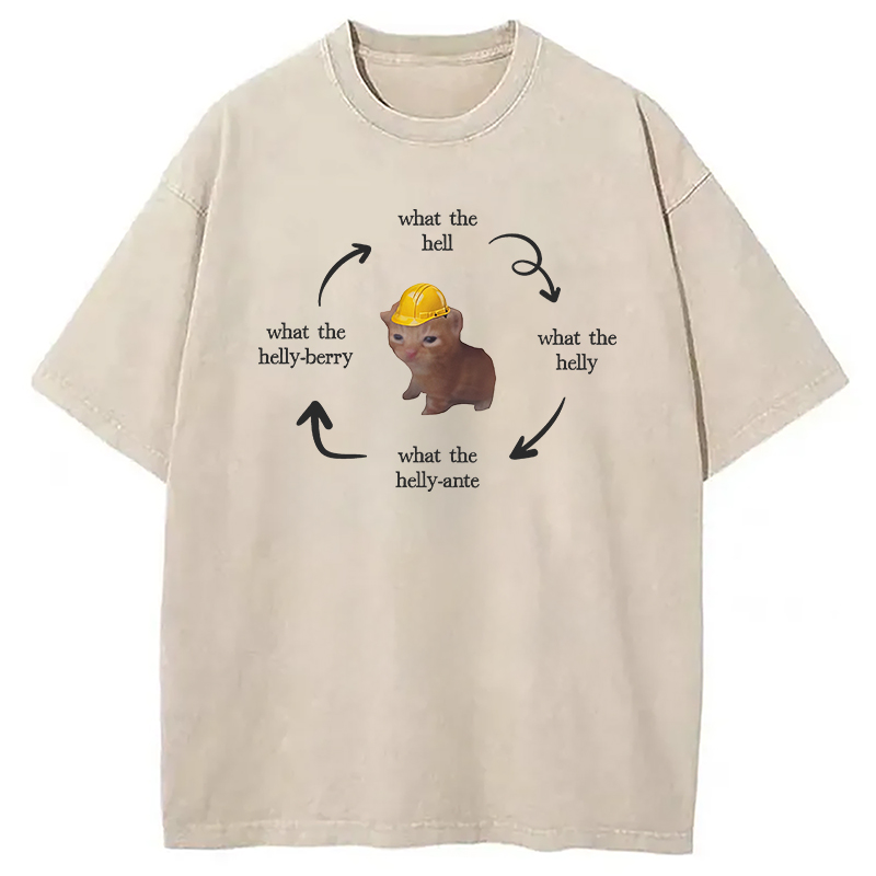Modecanvas What The Helly Funny Cat Meme DTG Printing Washed T-Shirt