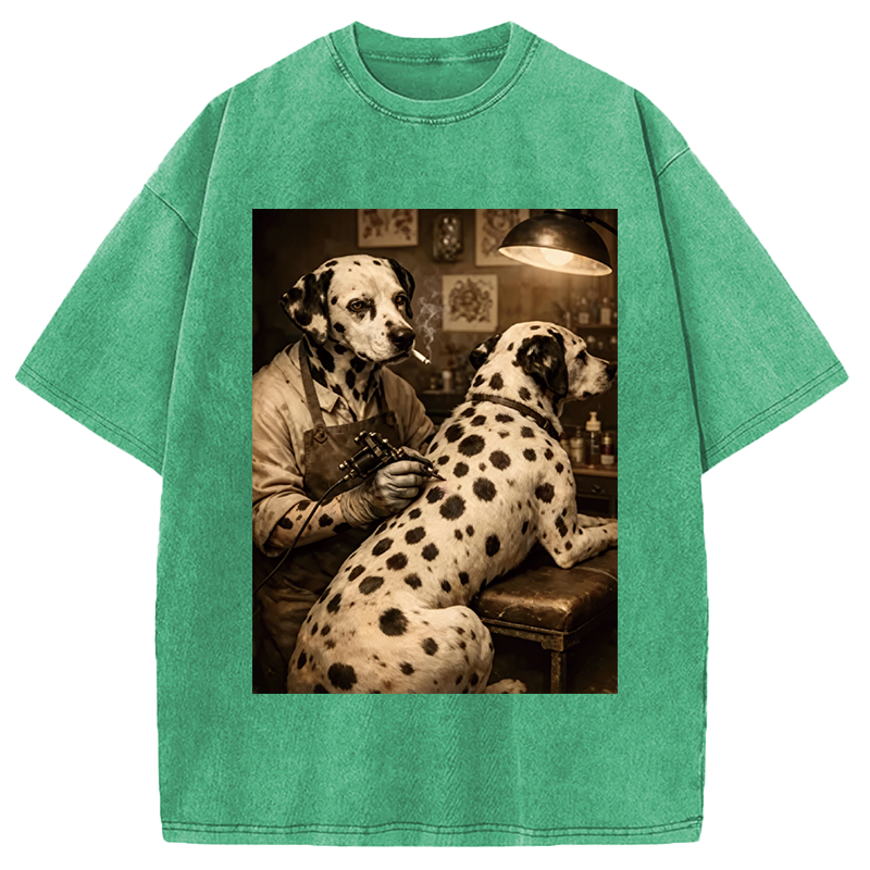 Modecanvas Funny Dalmatian Tattoo Dog DTG Printing Washed T-Shirt