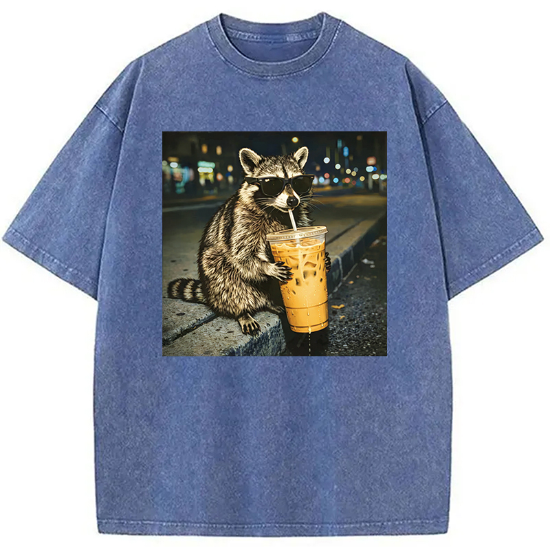 Modecanvas Racoon with a Ice Coffee Washed T-Shirt-modecanvas