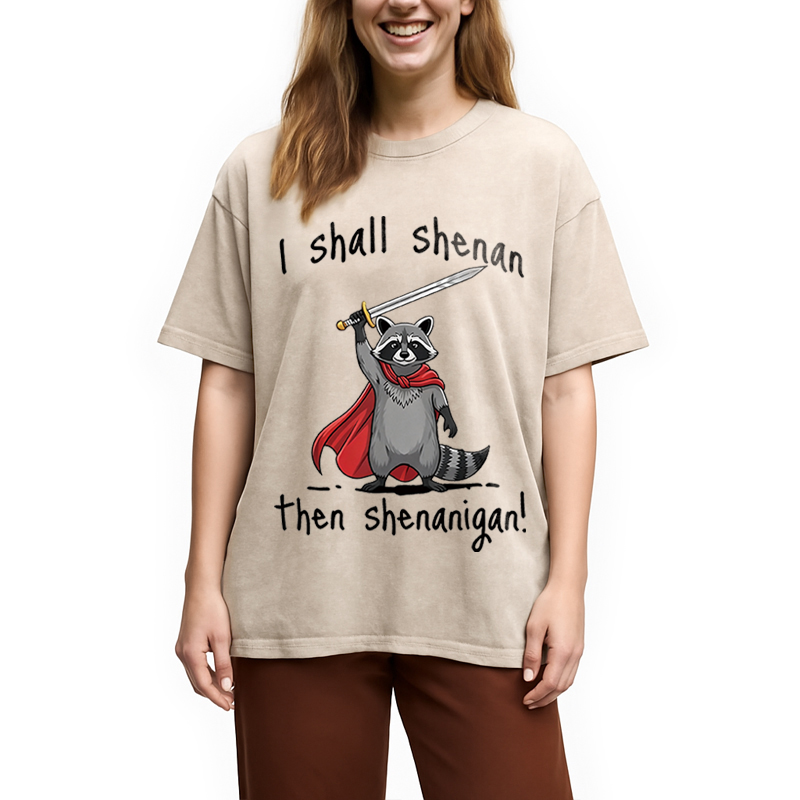 Modecanvas I Shall Shenan Cute Raccoon Meme DTG Printing Washed T-Shirt