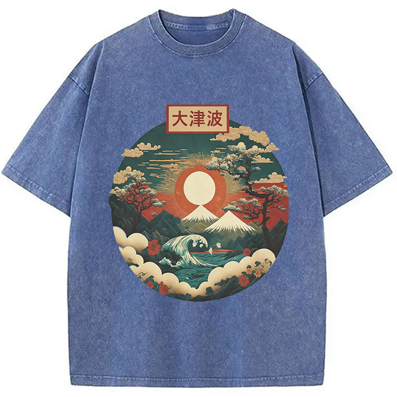 Modecanvas Japanese Red Sunset DTG Printing Washed T-Shirt