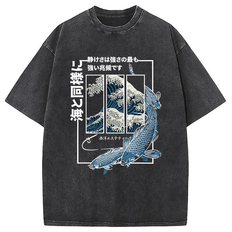 Modecanvas Koi Fish Great Wave DTG Printing Washed T-Shirt