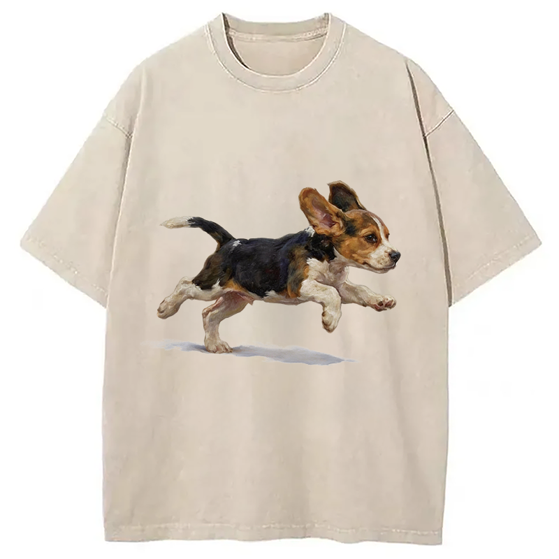 Modecanvas Funny Cute Running Beagle Puppy DTG Printing Washed T-Shirt
