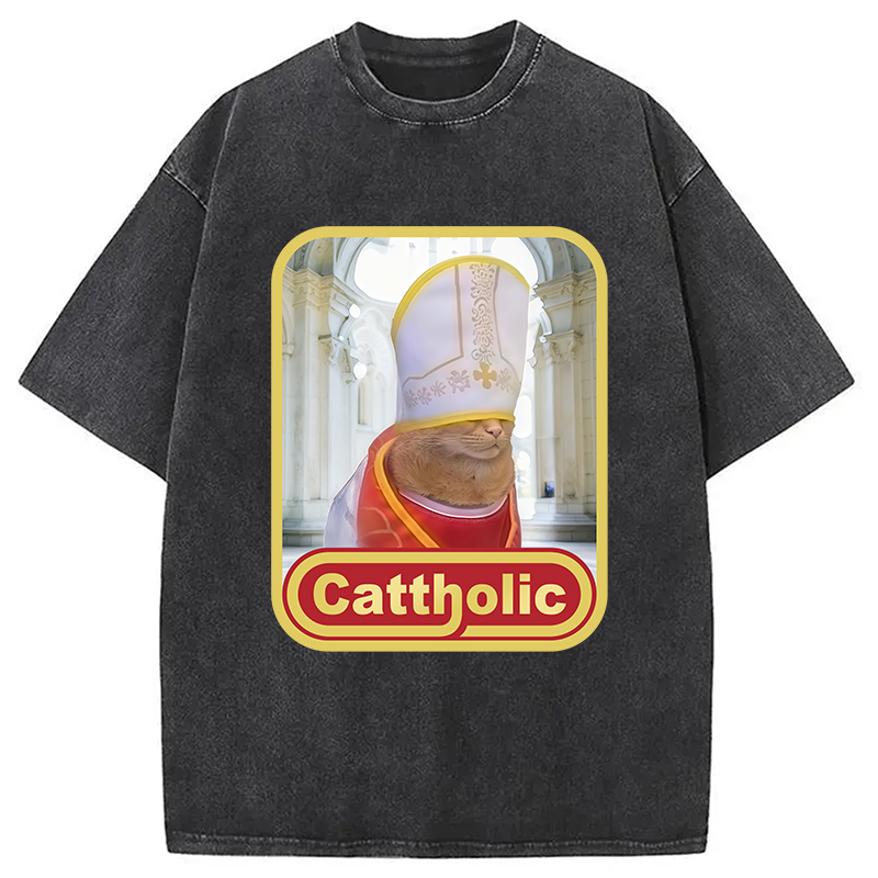 Modecanvas Cattholic Cat Funny Washed T-Shirt