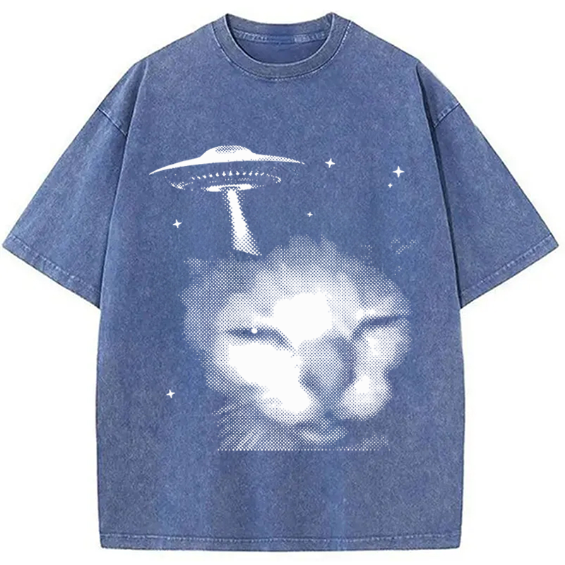 Modecanvas Alien Cat Meme UFO Vintage DTG Printing Washed T-Shirt