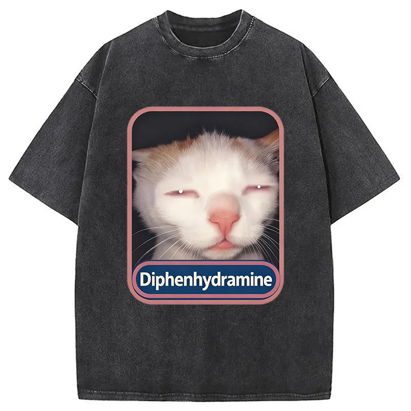 Modecanvas Diphenhydramine Cat Meme Washed T-Shirt-modecanvas