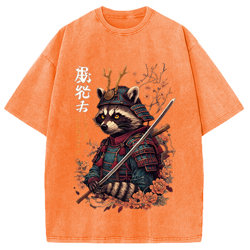 Modecanvas Japanese Raccoon Art DTG Printing Washed T-Shirt-modecanvas