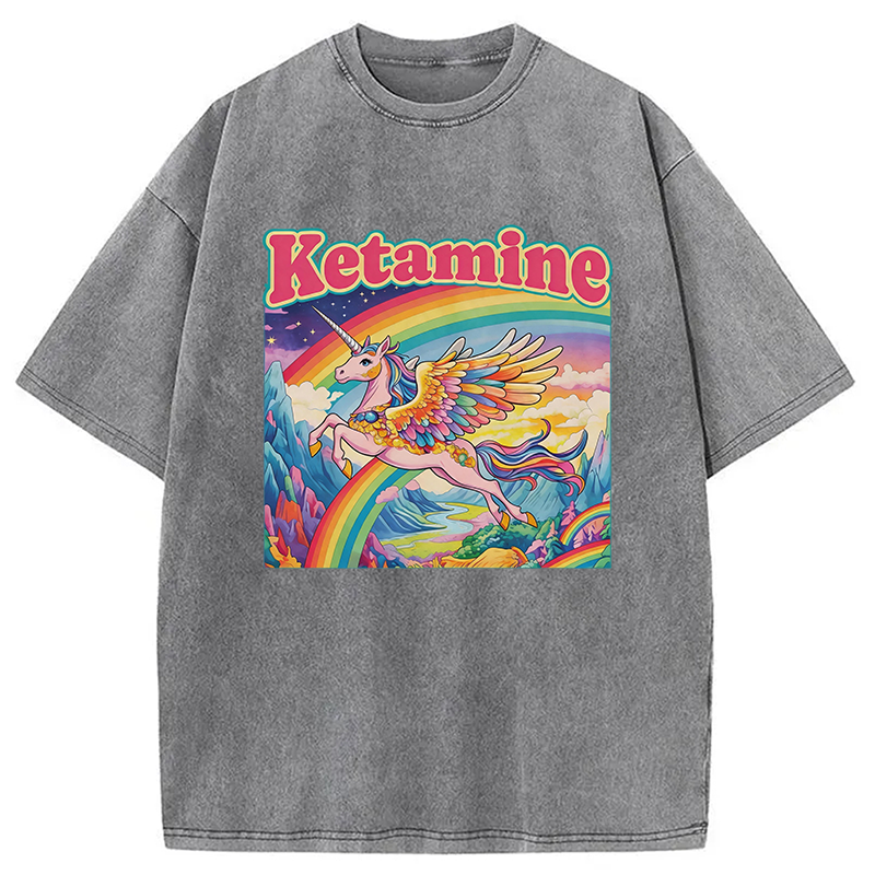 Modecanvas Ketamine Rainbow Unicorn Funny Meme DTG Printing Washed T-Shirt