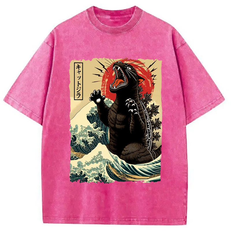 Modecanvas Catzilla Cat Wave Japanese Washed T-Shirt-modecanvas