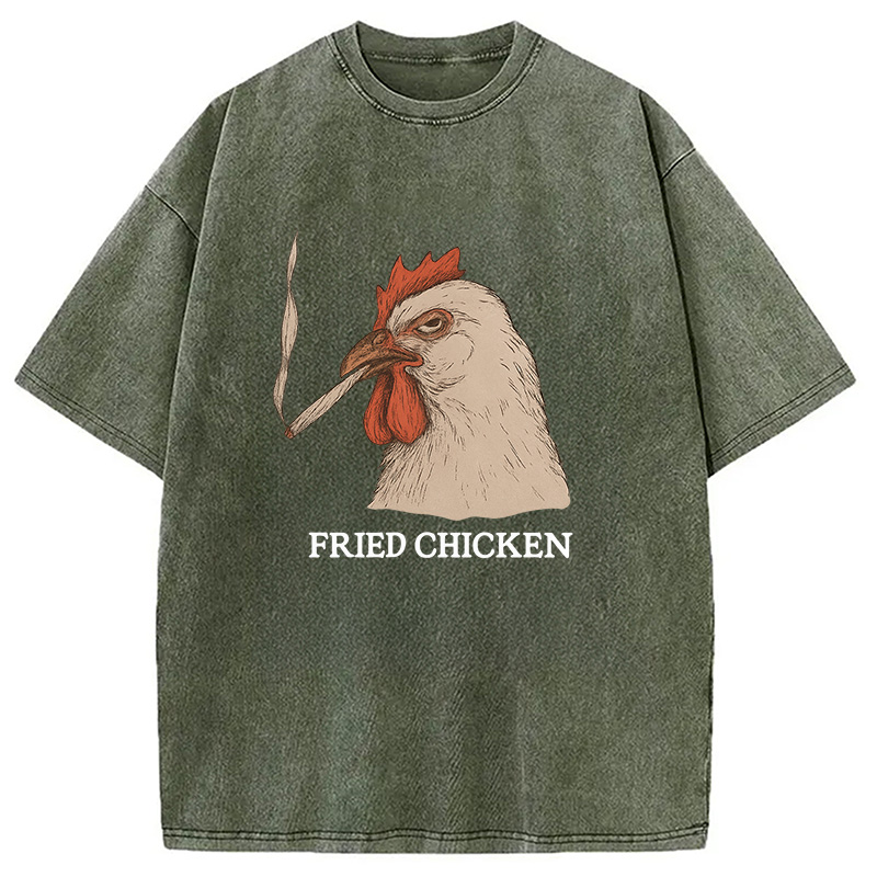 Modecanvas Fried Chicken 420 Smoking Meme Washed T-Shirt-modecanvas