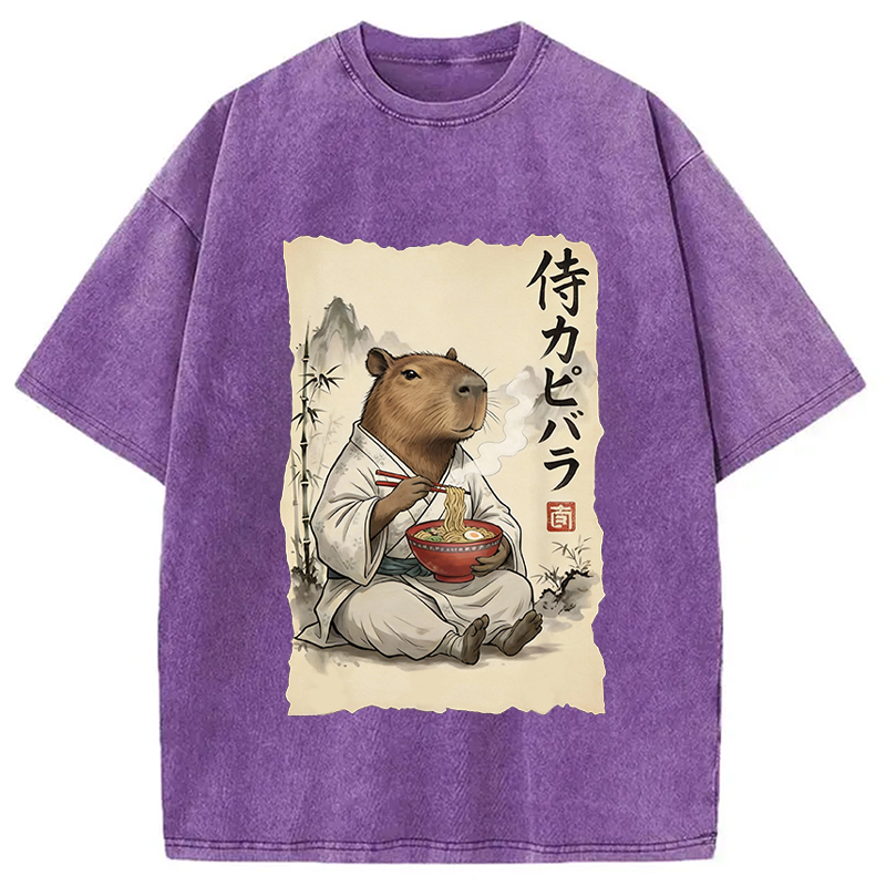 Modecanvas Funny Capybara Ramen DTG Printing Washed T-Shirt
