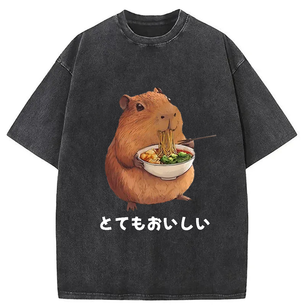 Modecanvas Capybara Eating Japanese Ramen Washed T-Shirt