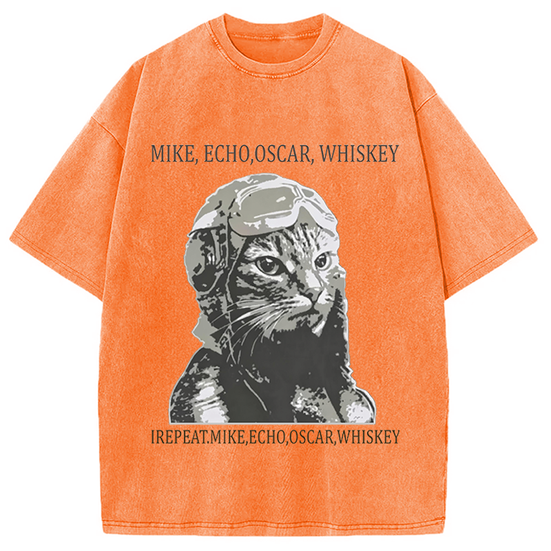 Modecanvas Funny Pilot Cat Meme DTG Printing Washed T-Shirt