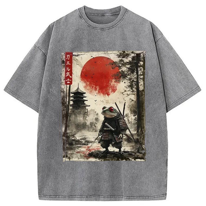 Modecanvas Retro Frog Samurai Japan Washed T-Shirt