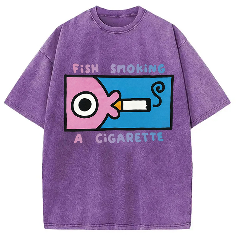 Modecanvas Fish Smoking A Cigarette DTG Printing Washed T-Shirt