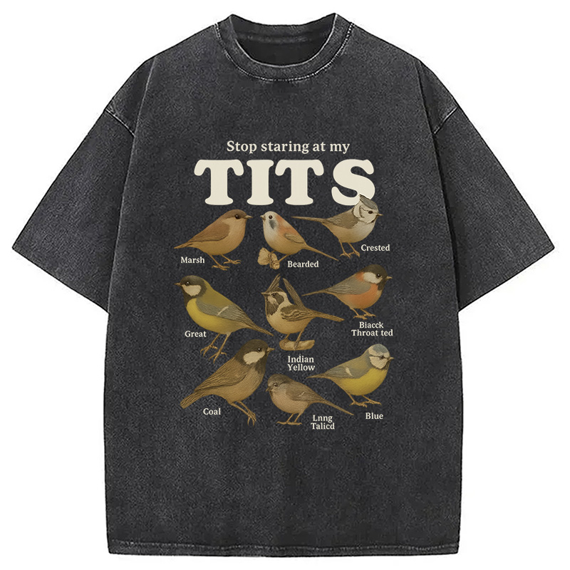 Modecanvas Stop Staring At My Tits Meme Bird Washed T-Shirt