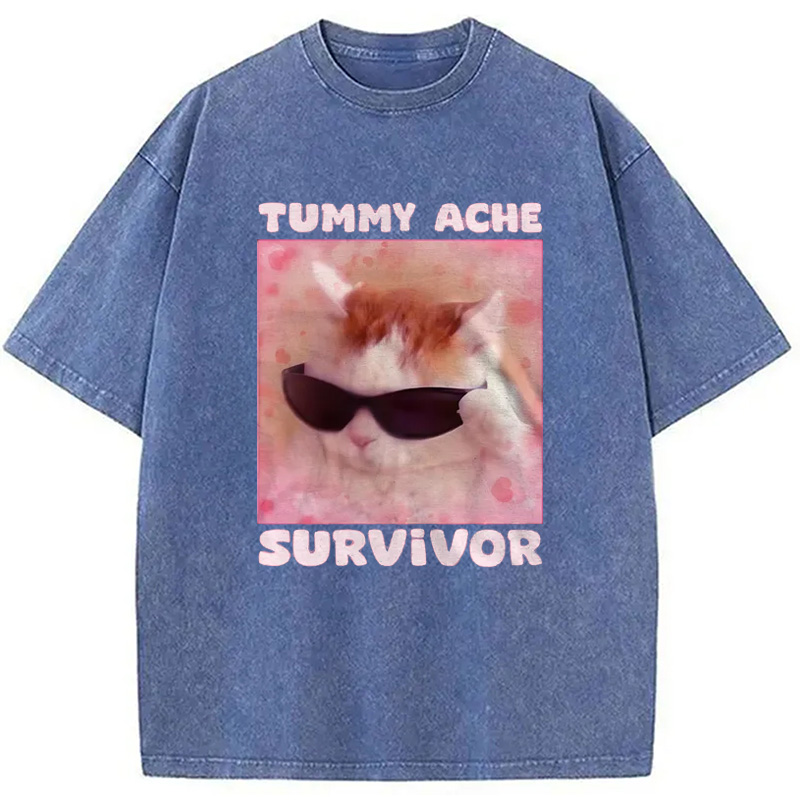 Modecanvas Tummy Ache Survivor Funny Cat Meme Washed T-Shirt-modecanvas