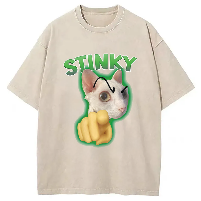 Modecanvas Stinky Funny Cat Meme DTG Printing Washed T-Shirt