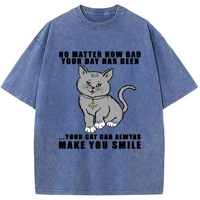 Modecanvas Funny Cat Make You Smile DTG Printing Washed T-Shirt