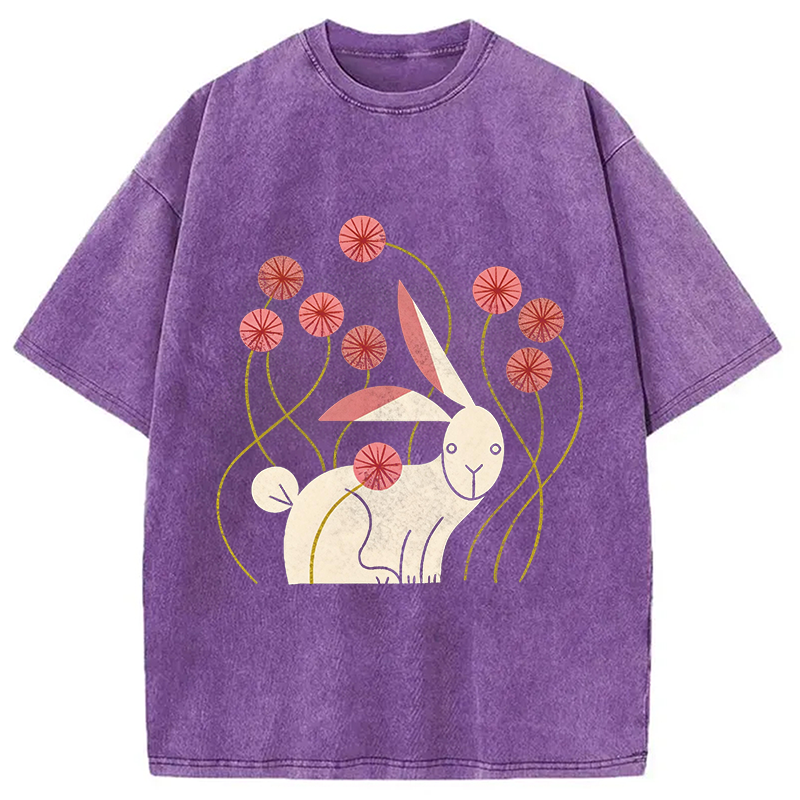 Modecanvas Rabbit and Wildflowers DTG Printing Washed T-Shirt