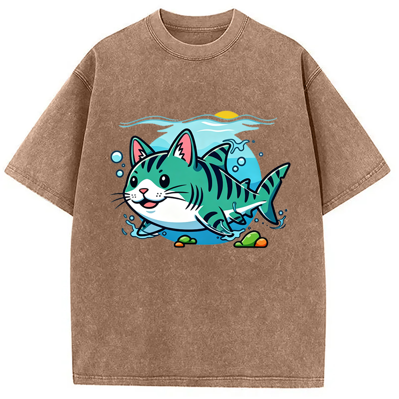 Modecanvas A Cat Shark Washed T-Shirt
