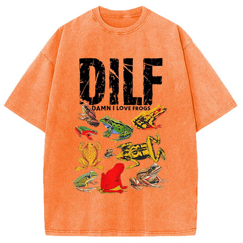 Modecanvas DILF Man I Love Frogs Funny Meme Washed T-Shirt-modecanvas