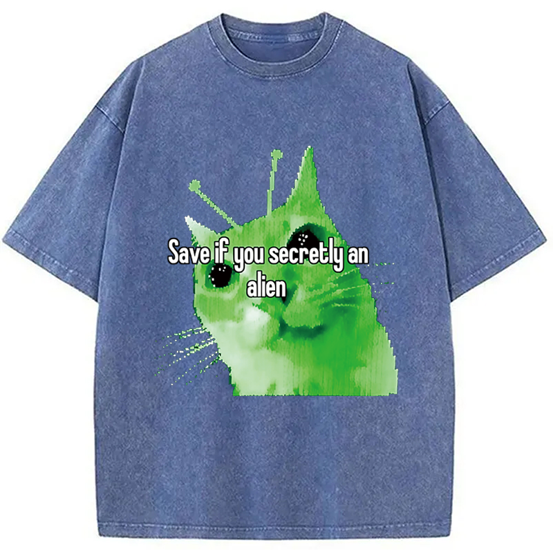 Modecanvas Alien Cat Meme Funny DTG Printing Washed T-Shirt
