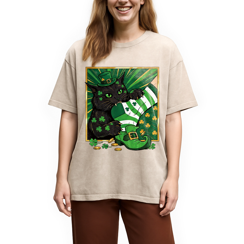 Modecanvas Naughty Cat Bites People DTG Printing Washed T-Shirt