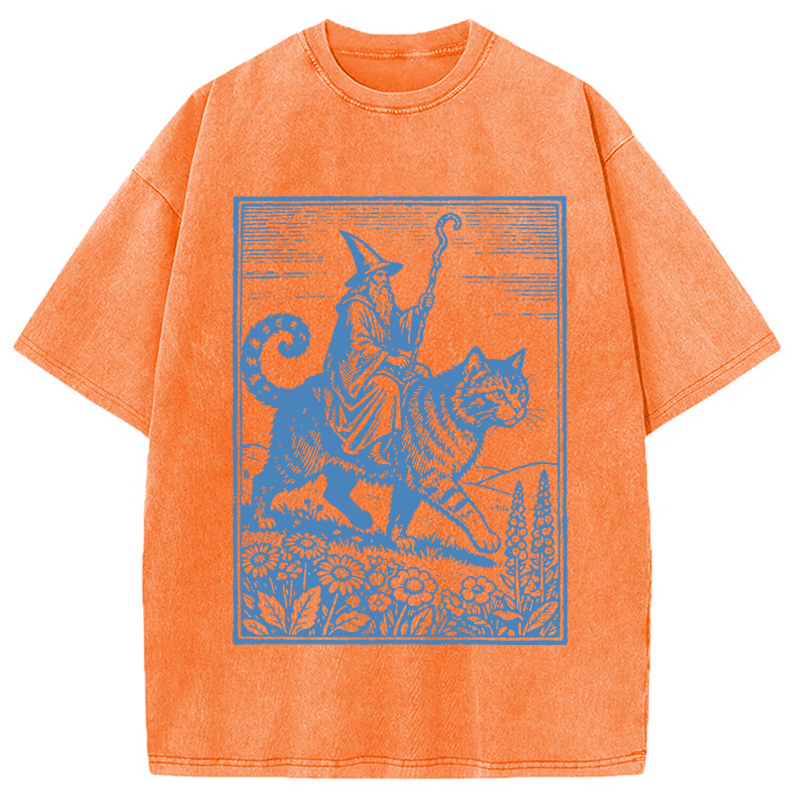 Modecanvas Wizard Cat Rider Vintage DTG Printing Washed T-Shirt
