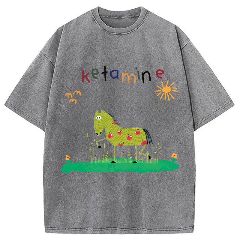 Modecanvas Funny Ketamine Horse DTG Printing Washed T-Shirt