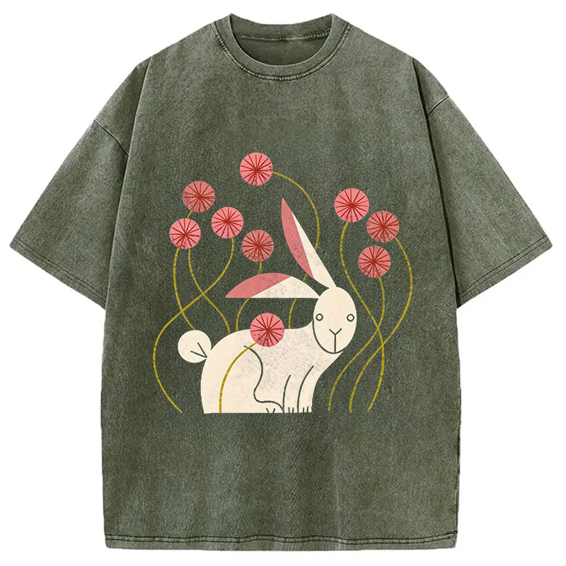 Modecanvas Rabbit and Wildflowers DTG Printing Washed T-Shirt