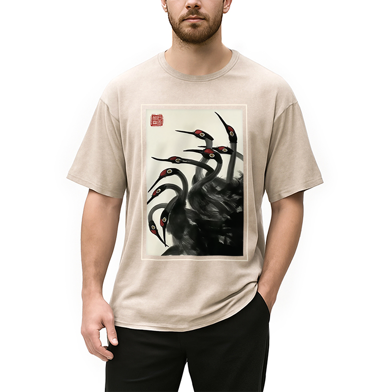 Modecanvas Retro Red Crowned Crane Washed T-Shirt