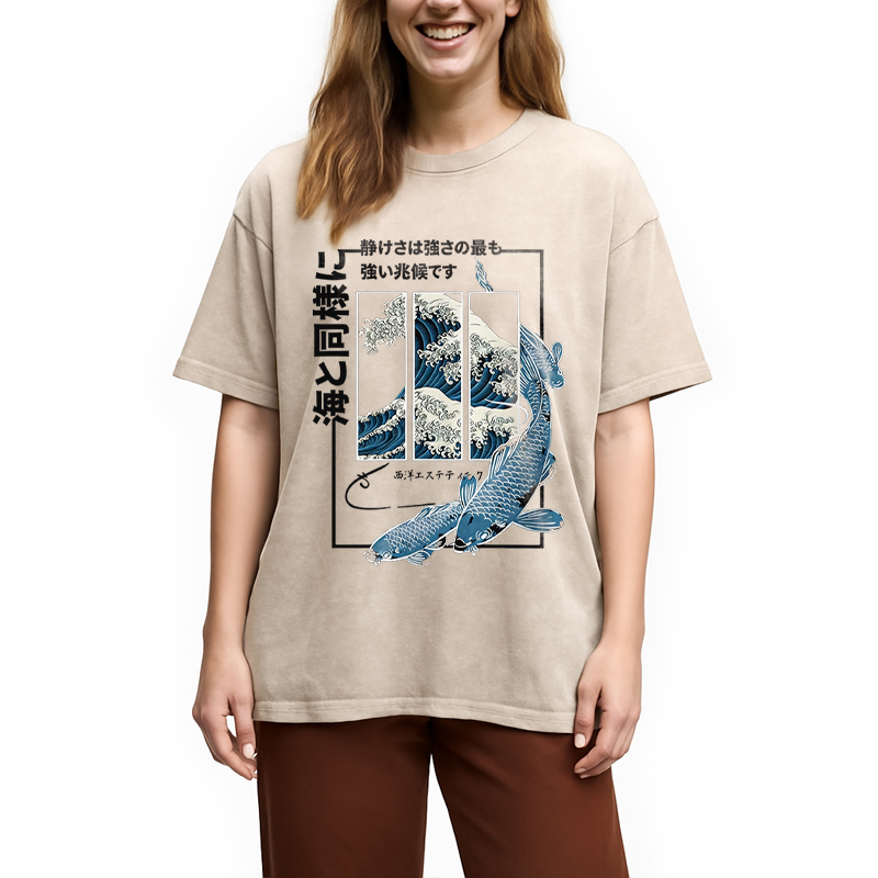 Modecanvas Japanese Koi Fish Great Wave DTG Printing Washed T-Shirt