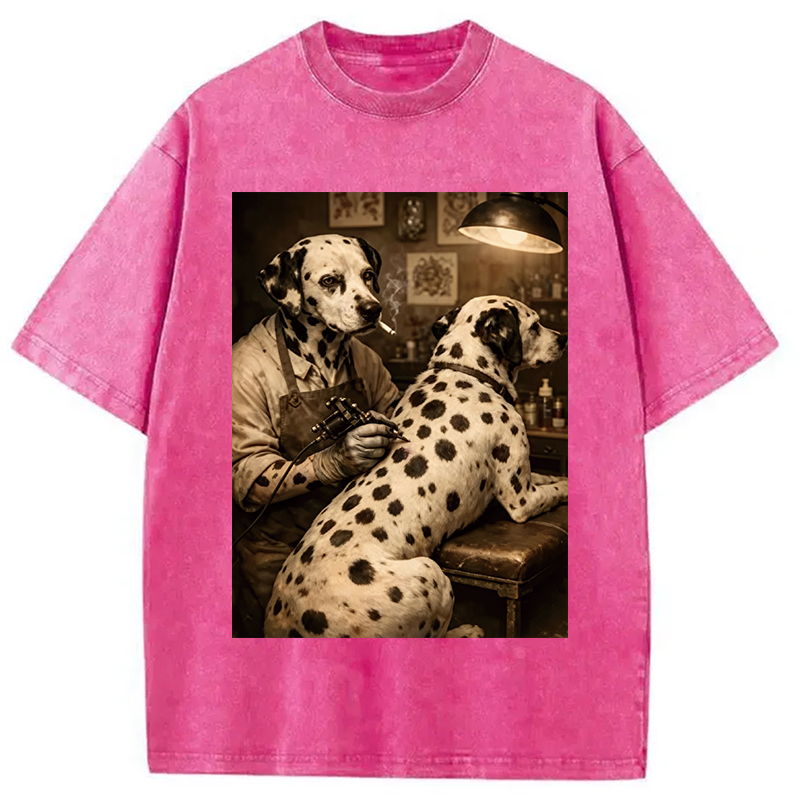 Modecanvas Funny Dalmatian Tattoo Dog DTG Printing Washed T-Shirt