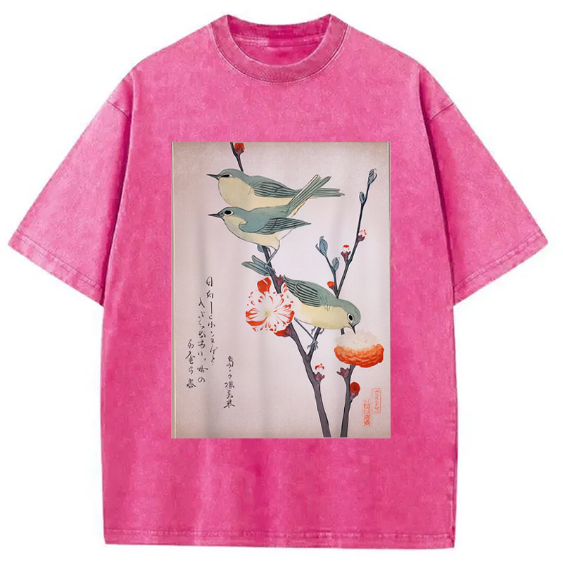 Modecanvas Japanese Art Birds on Cherry Blossom Washed T-Shirt