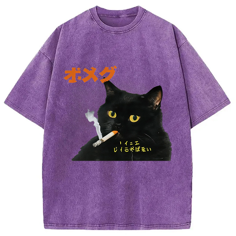 Modecanvas Smoking Cat Japanese DTG Printing Washed T-Shirt