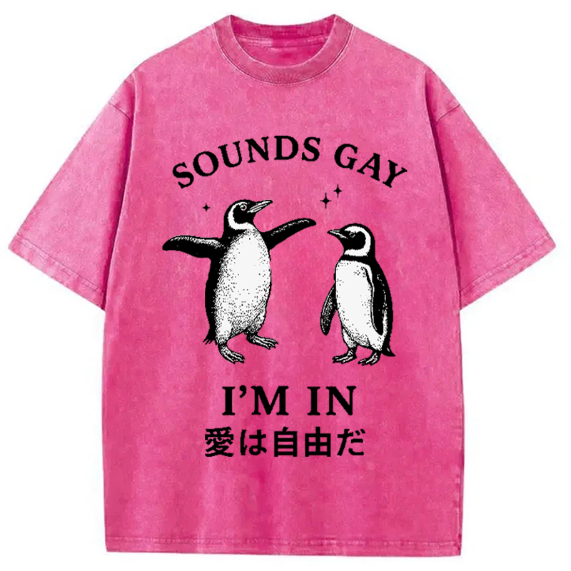 Modecanvas Loving And Free Penguins Washed T-Shirt