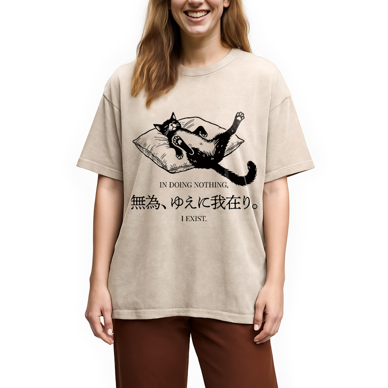 Modecanvas Minimalist Lazy Cat DTG Printing Washed T-Shirt-modecanvas